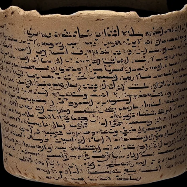 Image similar to a full realistic photo of a tall and thin cylindrical clay dead sea scroll jar with two sentences of nabatean aramaic, dark, brooding, atmospheric, volume lighting