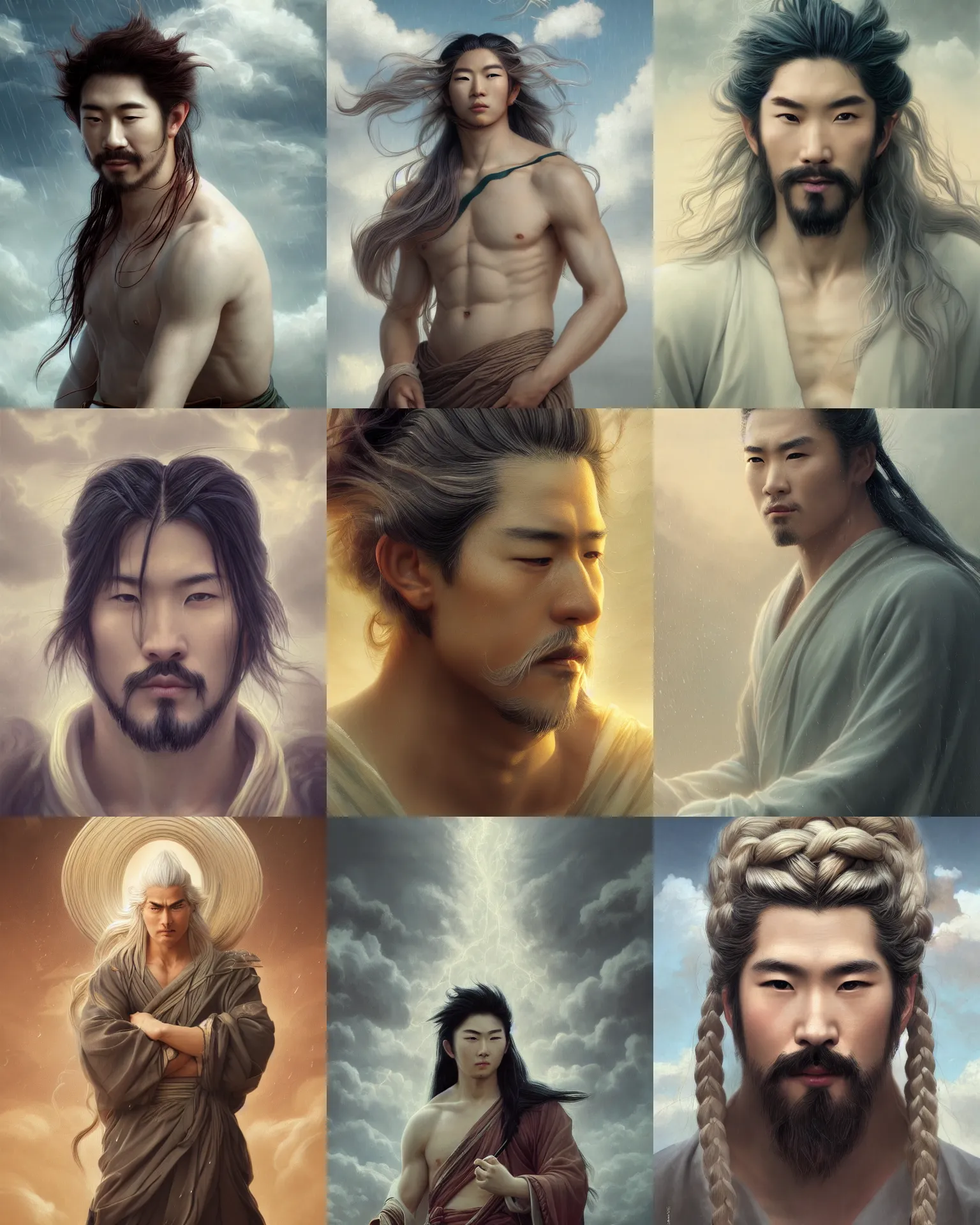 Prompt: portrait, fujin, handsome male japanese god of wind, long braided white hair, rain, dramatic, very detailed, ornate, sky, clouds, 8 k, octane render, william bouguereau, rossdraws, greg rutkowski