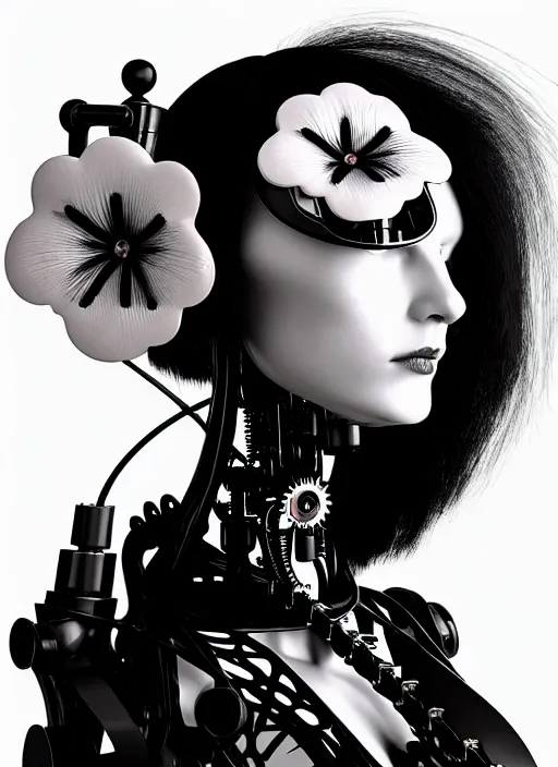 Prompt: 1 9 3 0 black and white gothic masterpiece profile face portrait, one steampunk eye biomechanical beautiful young female cyborg - robot, body meshes, big monocular, volumetric light, hibiscus flowers, by hg giger, rim light, big gothic fashion pearl embroidered collar, 8 k