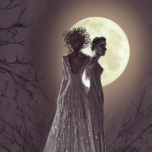 Image similar to figurines looking at the full moon, transparent soul leaving the body, dramatic cinematic lighting, filigree, lace, art by loish, dave mckean