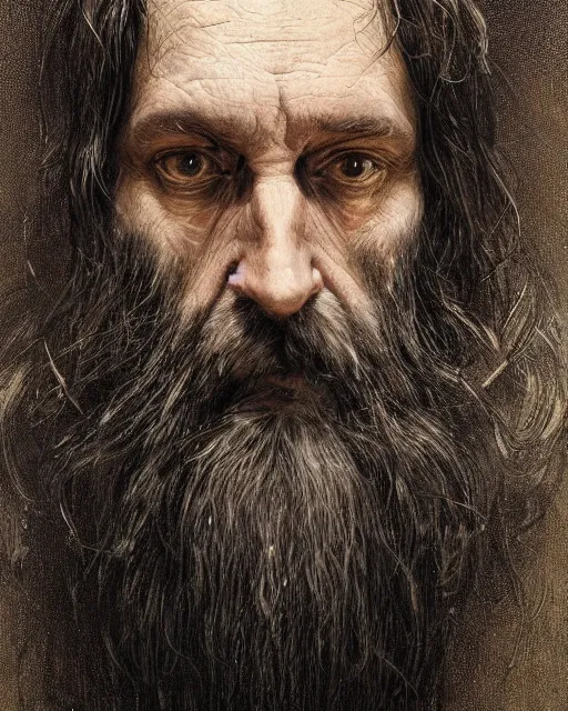 Image similar to portrait of a 6 0 - year - old giant man with long tangles of bushy black hair and beard hiding most of his face, kind eyes, wearing in black cloak, hyper realistic face, beautiful eyes, fantasy art, in the style of greg rutkowski, intricate, alphonse mucha, hyper detailed, smooth