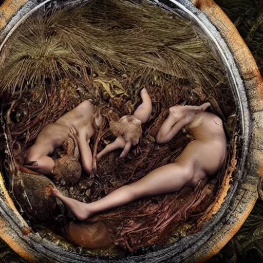 Prompt: documentary photos of feral womans in womb of the mother earth, lord of flies, national geographic photography, highly detailed, hyper realistic, philosophical, full of symbolism