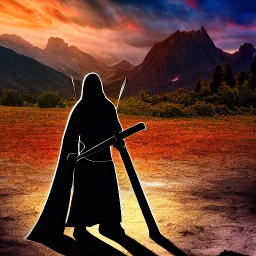 Prompt: a dark figure holding a sword, closeup shot, mountain's background, dawn, fantasy, 4 k resolution, award winning