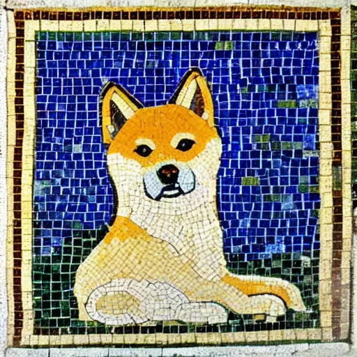 Image similar to an ancient roman tile mosaic depicting a shiba inu in a bath, a detailed masterpiece