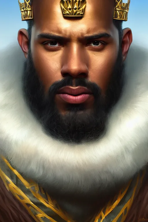 Image similar to a portrait of a powerful king, wide angle, super highly detailed, professional digital painting, artstation, concept art, smooth, sharp focus, no blur, no dof, extreme illustration, Unreal Engine 5, Photorealism, HD quality, 8k resolution, cinema 4d, 3D, beautiful, cinematic, art by artgerm and greg rutkowski and alphonse mucha and loish and WLOP