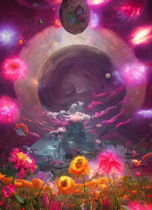 Image similar to An epic fantastic realism comic book style painting of the most beautiful flowers launched across the spiraling starry cosmos, nearby star, fisheye, unreal 5, DAZ, hyperrealistic, octane render, dynamic lighting