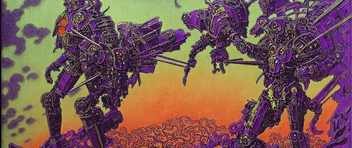 Prompt: composition of gothic and futuristic, warhammer, cyber japan armor, many scars, many mechflowers, thunderstorm, green head, some orange and purple, the middle ages, highly detailed, artstation, in the style of moebius, jugendstil and classic japanese print, psychedelic, art by jean delville and rene magritte