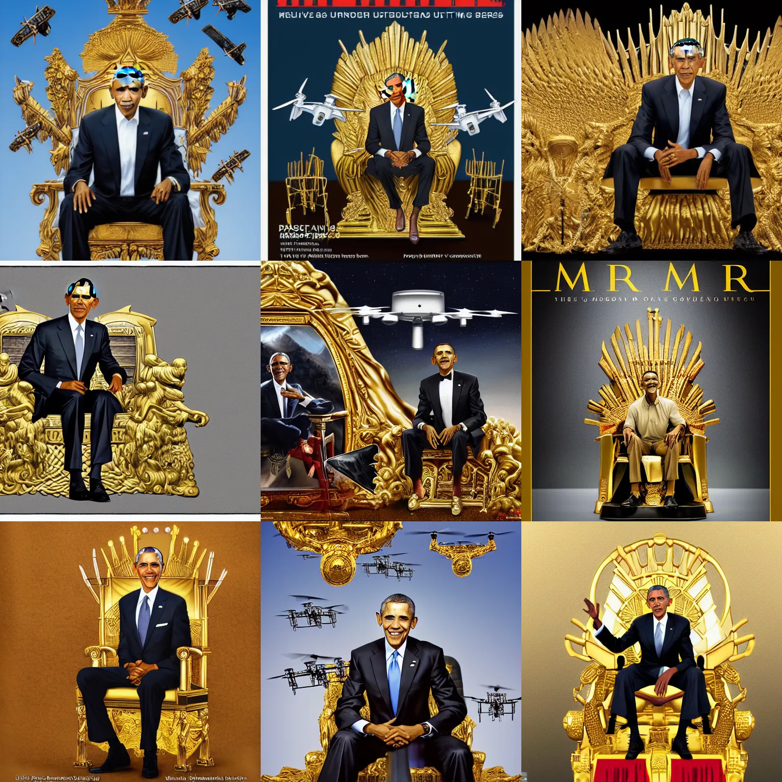 Prompt: concept art portrait of Barack Obama The Drone King sitting on a golden throne with MQ-1 Predator Drones (military) flying out from under it, Copyright TIME Magazine, (EOS 5DS R, ISO100, f/8, 1/125, 84mm, modelsociety, prime lense)