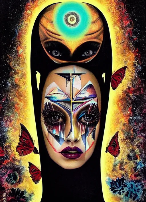 Prompt: magic cult psychic woman, fashion model photoshoot scene, third eye, subjective consciousness psychedelic, epic surrealism expressionism symbolism, story telling, iconic, dark robed, oil painting, symmetrical face, dark myth mythos, by Sandra Chevrier, Noriyoshi Ohrai masterpiece