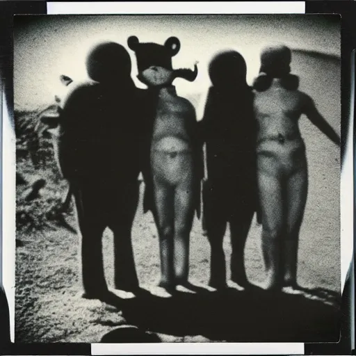 Image similar to polaroid photograph of horrorific alien beings visiting earth, 1 9 5 0