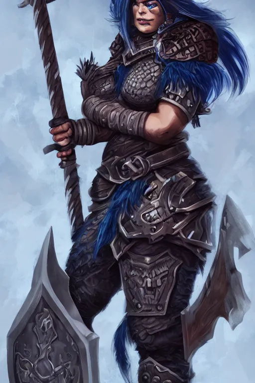 Prompt: Full picture of dark blue haired female barbarian orc, athletic, fantasy, D&D, intricate armor, intricate two handed axe, trending on artstation, arstationhd, HD