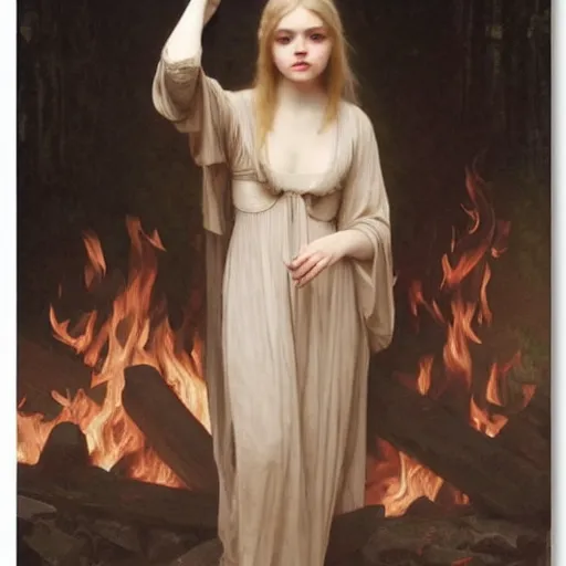 Prompt: Elle Fanning in a black cultist robe by the fire. Art by william adolphe bouguereau. Extremely detailed. Beautiful. 4K. Award winning.