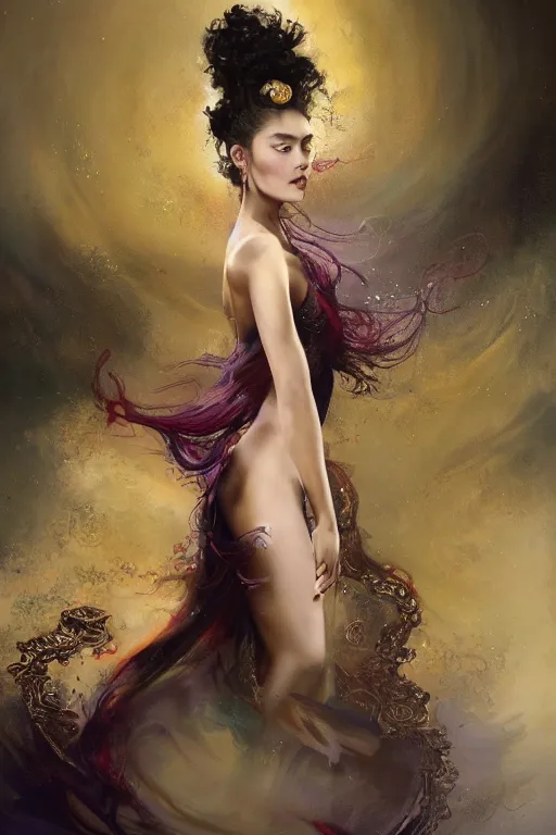 Prompt: an epic painting of a 19 years old girl figure, curly messy high bun hairstyle, whimsically designed oriental tattoos, subject wearing a gold and ruby high fashion gown, flowing, ornate, beautiful, forbidden beauty, dramatic earth colors, with few vivid purple highlights, by Jeremy Mann and Greg Rutkowski, trending on Artstation, Pixiv, oil on canvas