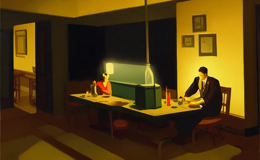 Image similar to a mysterious dimly lit dinner scene illustration by atey ghailan and escher and edward hopper, surreal