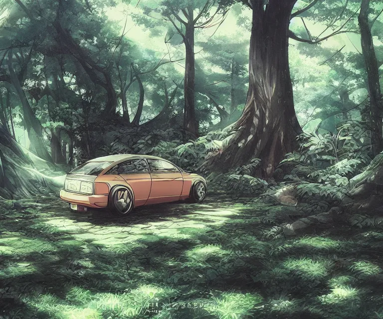 Prompt: car in a forest, anime fantasy illustration by tomoyuki yamasaki, kyoto studio, madhouse, ufotable, comixwave films, trending on artstation