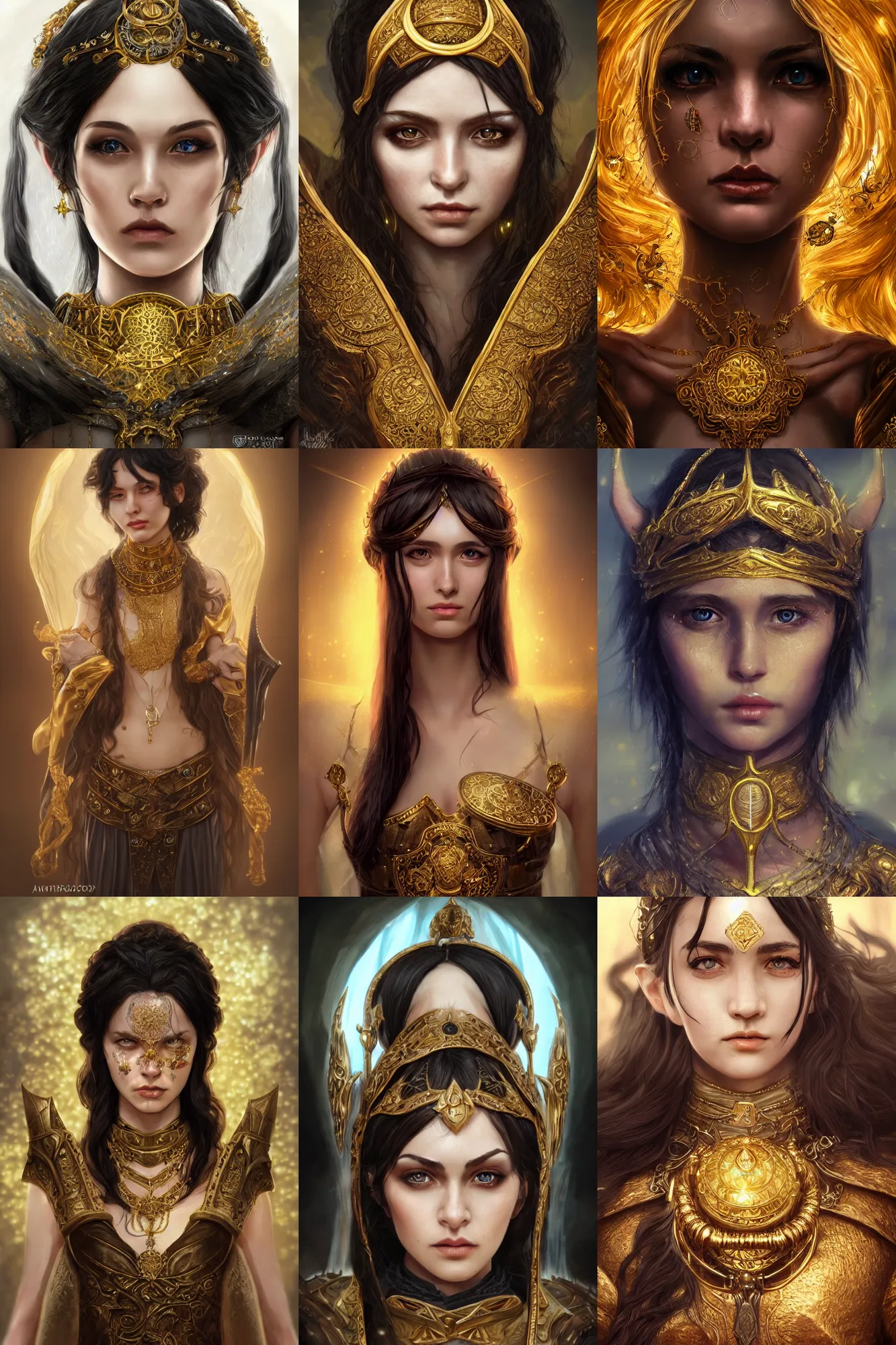 Prompt: hyperrealistic detailed portrait of a female, cleric, fantasy, D&D, black hair, golden eyeball, golden jewellery, soft features, elegant, artstation, intricate details, tarot card, cinematic, vibrant