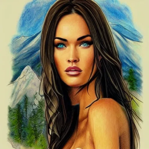 Image similar to realism tattoo sketch of double exposure megan fox with beautiful mountain scenery, in the style of andrey lukovnikov