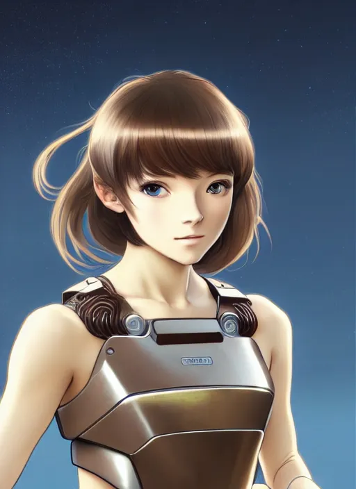 Image similar to young mysterious girl with light hazelnut hair with side swept bangs, perfectly proportioned face, brown eyes, strong square jawline, natural lighting, path traced, highly detailed, high quality, cartoon, digital painting, by new haicheng and studio ghibli and alphonse mucha wearing an cyborg space armor designed by neill blomkamp