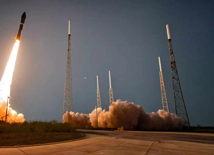 Image similar to film still of nighttime launch of the space launch system LC-39B at Kennedy Space Center in 2025, 4k, 120mm f5.6