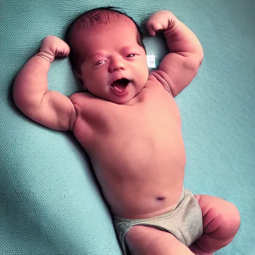 Image similar to a newborn baby with huge muscles, barrel chested, bodybuilder baby, rippling muscles, huge veins, bulging muscles, ripped, award winning photography, high detail