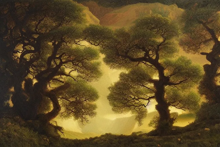 Prompt: masterpiece painting of oak trees on a hillside overlooking a creek, dramatic lighting, by agostino arrivabene