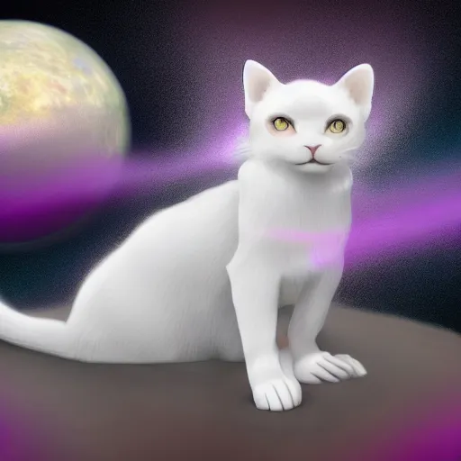 Prompt: concept art, digital art, matte painting, award winning on Artstation. A white cat sitting. a purple garden on an Exoplanet where the sky is full bubbles