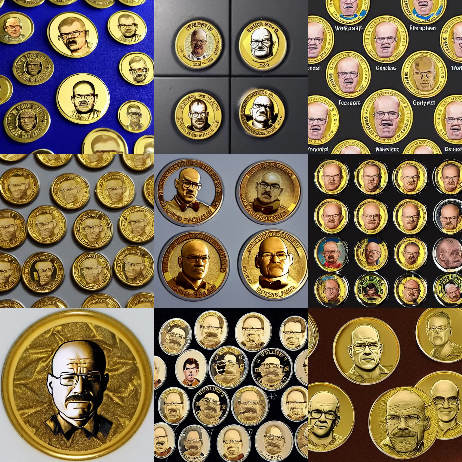 Prompt: a collection of gold coins that each have Walter whites face printed on them, high detail, complex
