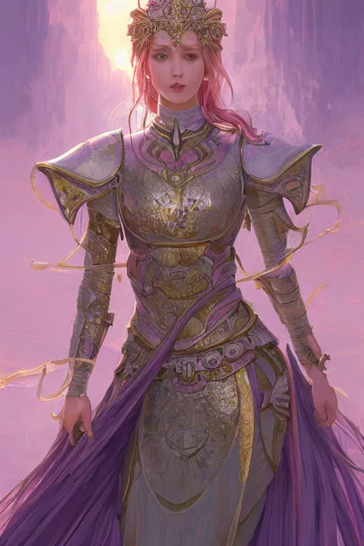 Image similar to portrait knights of Zodiac girl, metalic pink and pastel purple reflected armor, in ruined Agora of Athens sunrise, harp, ssci-fi, fantasy, intricate, very very beautiful, elegant, golden light, highly detailed, digital painting, artstation, concept art, smooth, sharp focus, illustration, art by tian zi and WLOP and alphonse mucha