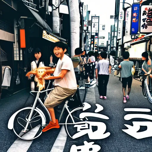 Image similar to a digital painting of a real dragon is riding a bike in the streets of Tokyo