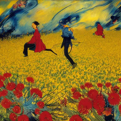 Prompt: 2 people in red desert drowning in a sea of yellow flowers, surrounded by swirls of prickly flowers rage , highly detailed, intricate, surreal, painting by Franz Marc, part by Yoji Shinkawa, part by Norman Rockwell