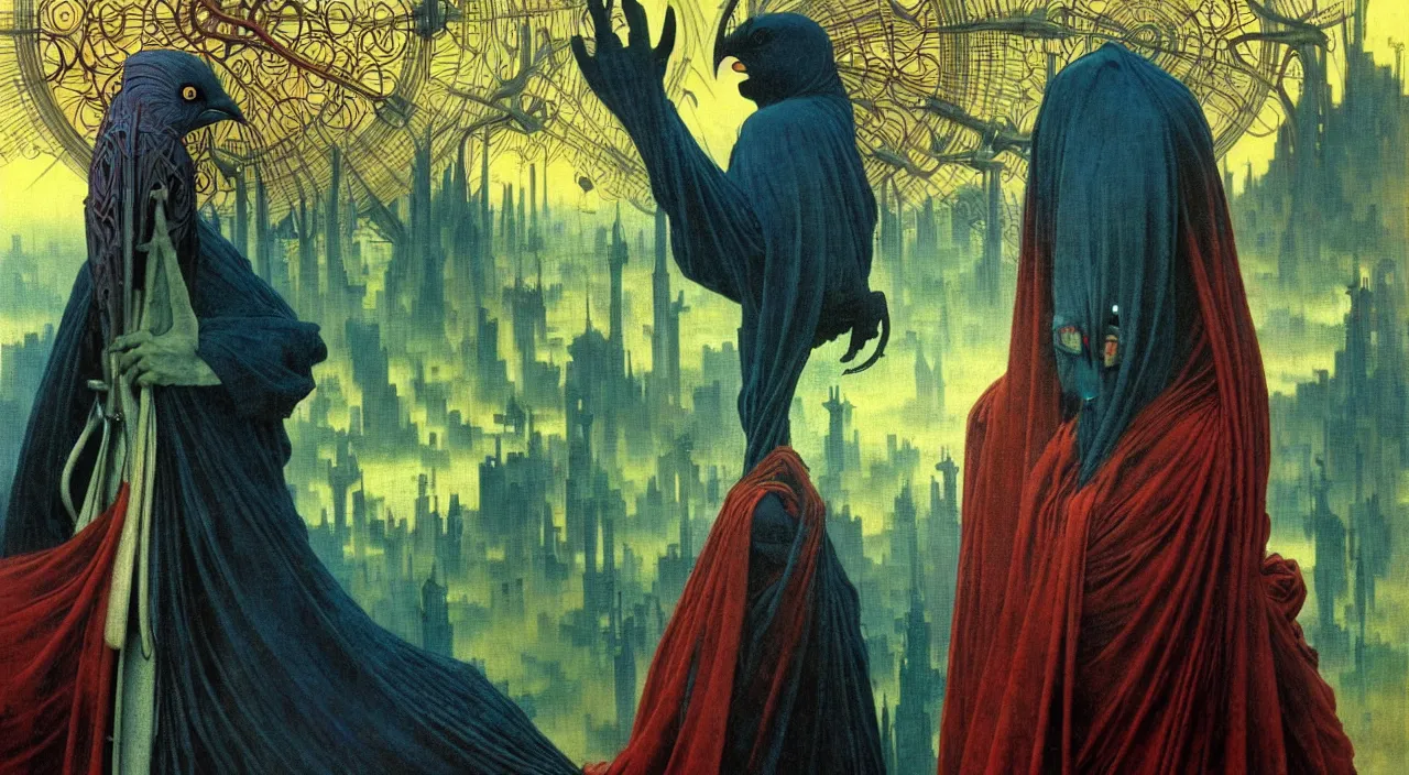 Image similar to realistic detailed portrait movie shot of a birdman wearing dark robes, sci fi city landscape background by denis villeneuve, amano, yves tanguy, alphonse mucha, ernst haeckel, max ernst, roger dean, masterpiece, rich moody colours, blue eyes, occult