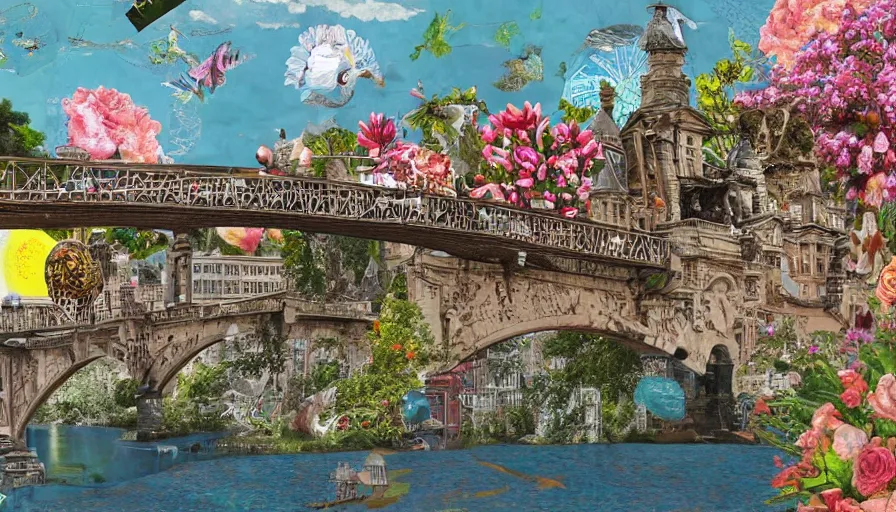 Image similar to detailed bridge with unexpected maximalist elements. 8x HD mixed media 3D collage in the style of an hyperdetailed childbook illustration in soft natural tones. matte background no frame HD