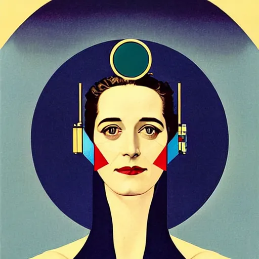 Image similar to Art by Coles Phillips, Portrait of the actress, Eva Green as Space Commander Zeta from the Year 3000, geometric art, poster, no text, Mucha, Kandinsky, indigo, teal, gold