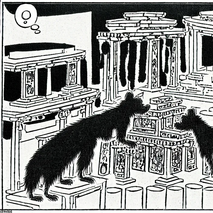 Image similar to a still frame from comic strip, two black furry hairy dogs melting in an ancient temple 1 9 5 0, herluf bidstrup, new yorker illustration, monochrome bw, lineart, manga, tadanori yokoo, simplified,