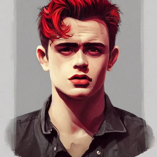 Prompt: young james dean teenage boy man, in a black and red checked flannel shirt, in a style of 8 0's horror style, wlop, artgerm, jason chan, charlie bowater, sergey kolesov, watercolor on paper, hyper detail portrait, closeup on face, exquisite detail, profile picture,