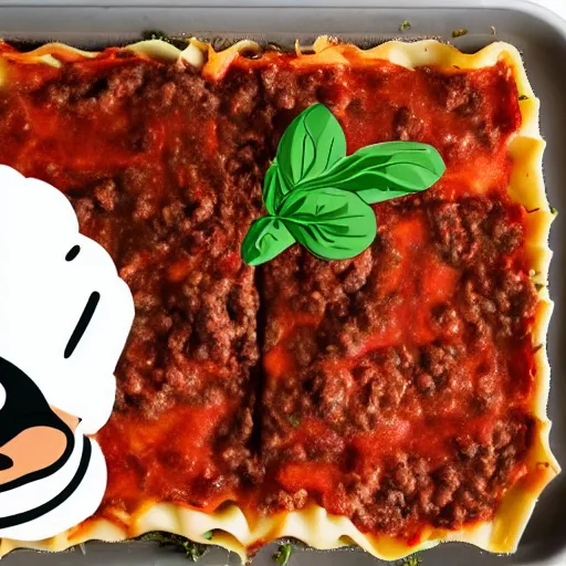 Image similar to platypus wearing a chef hat while putting a lasagna in an oven, with three basil leaves over the lasagna