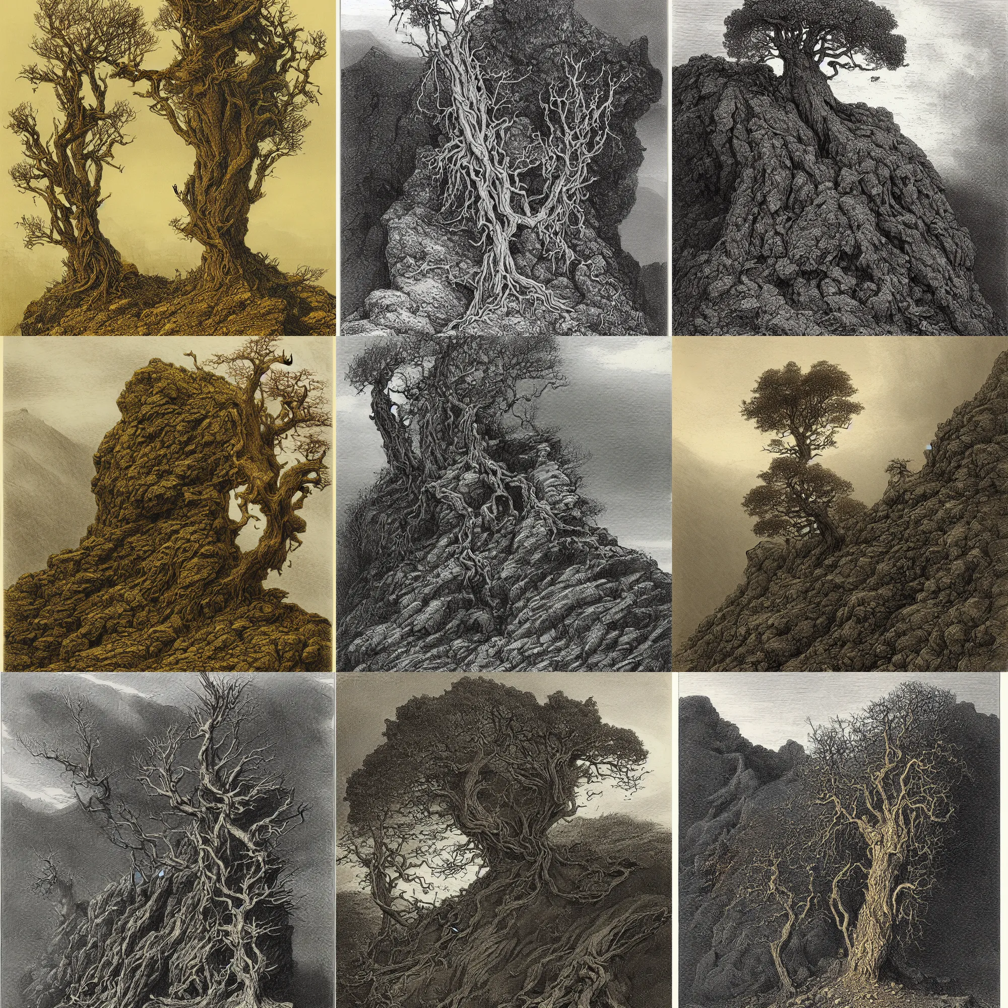 Prompt: a coloured engraving of a lone gnarled tree clinging to a scree slope by gustave dore, john blanche, ian miller, highly detailed, strong shadows, depth, illuminated focal point, golden hour, coloured lithograph engraving