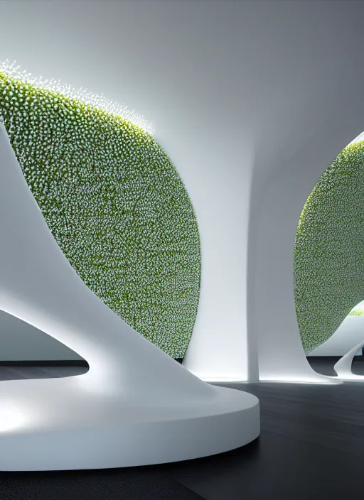 Image similar to bright white zen livingroom with walls made of smooth daisies by zaha hadid, up close shot, sharp focus, global illumination, radiant light, irakli nadar, octane highly render, 4 k, ultra hd,