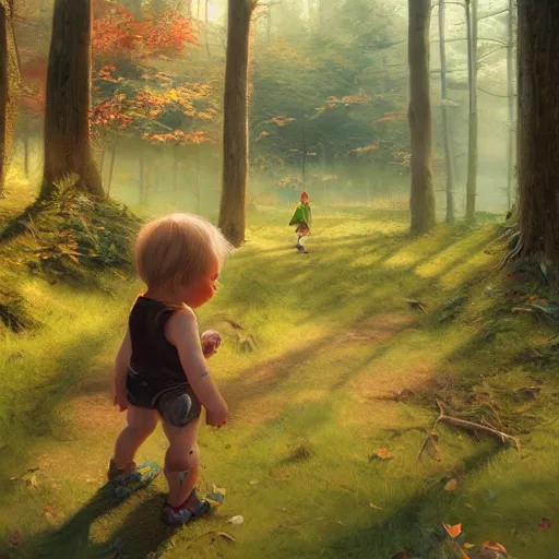 Image similar to toddler hiking in the woods, digital art by ruan jia and mandy jurgens and artgerm, highly detailed, trending on artstation, award winning
