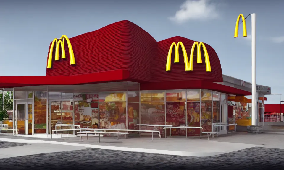 Prompt: exterior shot of a mcdonalds, abstract architecture, archviz, render, highly detailed, 4 k, surrealistic, ultra realism