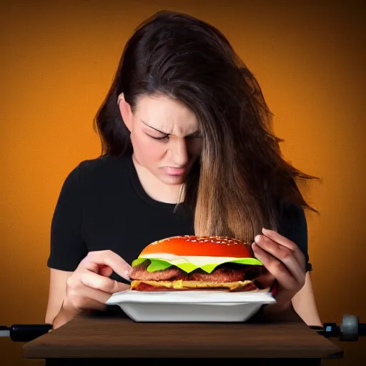 Image similar to a woman sewing human eyes onto a burger, 4 k, hyper realistic,