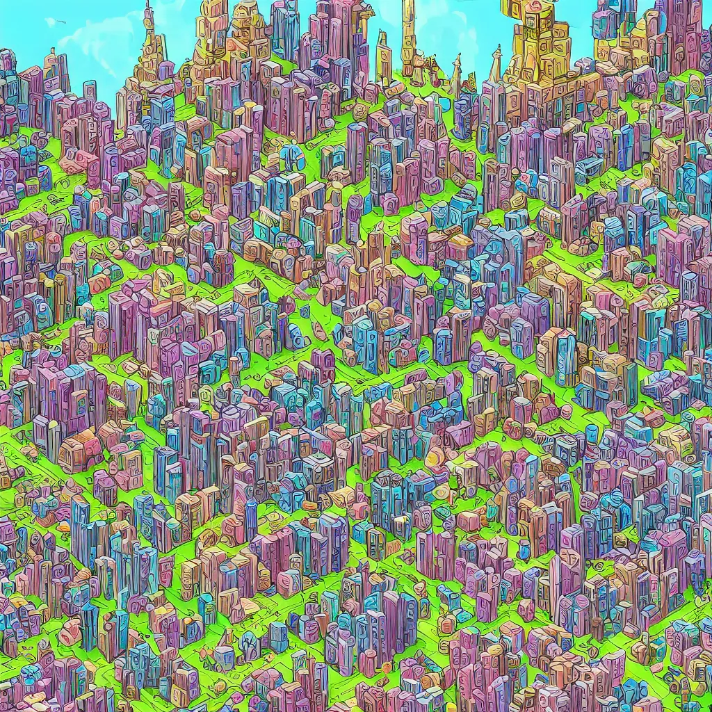 Image similar to a Bismuth city with the structure of a wedding cake lots of little people do their work on the tiers, high definition, graphic novel art, 4k, by Genndy Tartakovsky