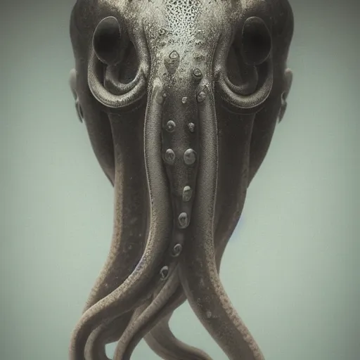 Prompt: dramatic full close - up portrait of a sad human! cephalopod hybrid, detailed, dimly light room, volumetric lighting,