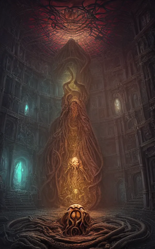 Image similar to hooded necromancer in front of a cthulhu within a viscosity fluid lovecraft portal, intricate architecture, baroque detailed, unreal engine, octane render, micro detail, digital art by dan mumford and peter mohrbacher and wayne barlowe, intricate detail, subsurface scattering, ray tracing, unreal engine, octane render