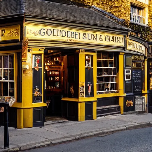 Prompt: an english pub at golden hour