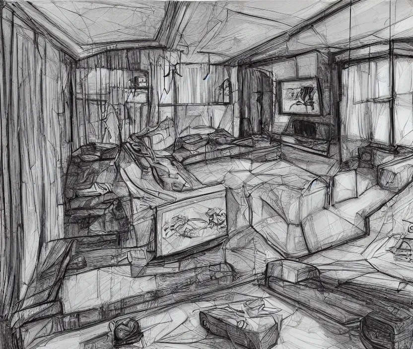 Image similar to An of interior of a living room at night, rotoscoped, rotoscope, photoshop, photomanipulation, realism, painting, illustration and sketch, weird scribbles, hybrid styles, hybrid art styles, mismatched, trending on artstation, trending on deviantart, weird, quirky, interesting, very detailed, highly detailed, HD Quality, 4k resolution, 8k resolution, in the style of David Firth, in the style of James Lee, in the style of Drue Langlois,