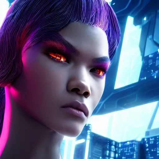 Prompt: full-length portrait of beautiful cyber lady Zendaya, cyberpunk, close-up perfect face, photorealistic, octane render, 35mm, beautiful big symmetric eyes, coherent, 4k, Unreal Engine, intricate details, concept art, volumetric lighting, trending or artstation, award winning, beautiful scenery, ray tracing