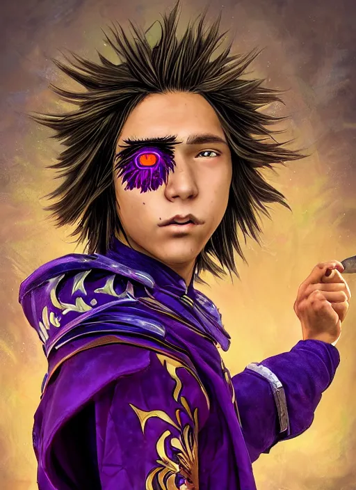 Image similar to An epic fantasy comic book style portrait painting of teenager boy with straight indigo hair, purple eyes with red eye markers, slim body, wearing a detailed Japanese kimono with golden armor pieces, holding a japanese fan. Unreal 5, DAZ, hyperrealistic, octane render, cosplay, RPG portrait, dynamic lighting