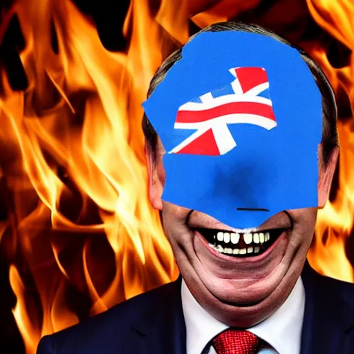 Image similar to nigel farage laughing holding burning eu flag, studio photograph, hd, studio