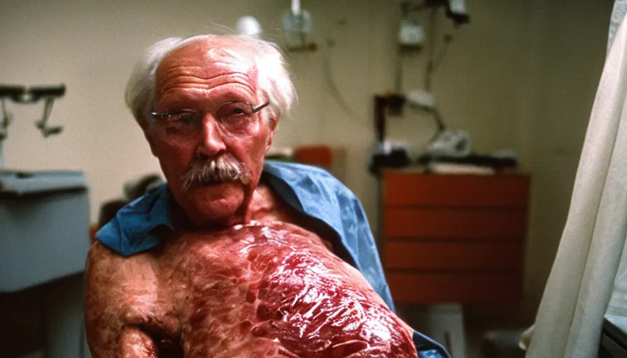 Prompt: 7 0 s movie still of a old man with a meat chest in the hospital, cinestill 8 0 0 t 3 5 mm eastmancolor, heavy grain, high quality, high detail